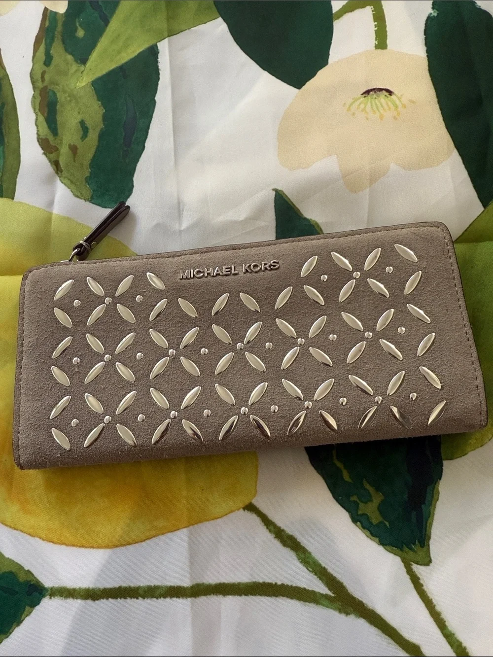 Michael Kors Taupe Suede Zip Wallet with Silver Stud Accents